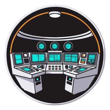 Circular control room with radial displays and consoles sticker