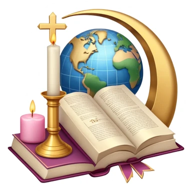 An icon featuring a holy book, a candle, and a cross, symbolizing religious studies. The design includes a globe with various religious symbols: a crescent moon and star (Islam), a lotus flower (Buddhism), representing global belief systems. Transparent background. sticker