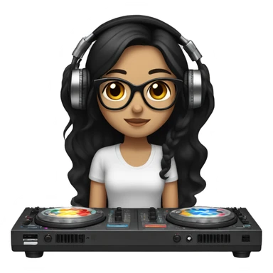 Fair skinned girl with brown eyes and long black hair with glasses on with headphones on mixing on a dj mixer sticker