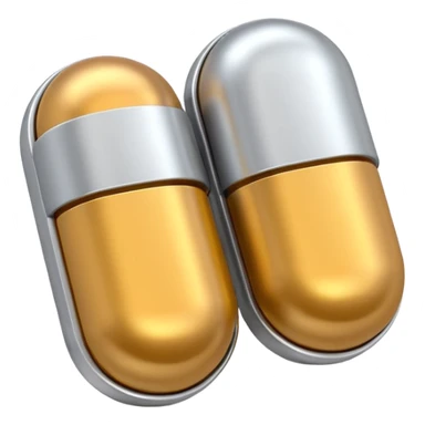 capsule pill emoji, metallic silver halves, smooth glossy finish, futuristic pharmaceutical 3D icon, isolated on white sticker