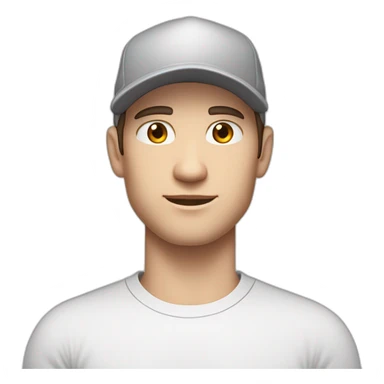 Pale skinned fit Man with dark brown hair in a white cap, gray jeans and gray polo T-shirt keeping a pasted with tape white box into his hands sticker