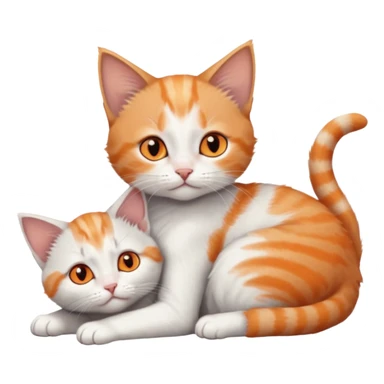 full body of very small + skinny ginger and white kitten with deep orange eyes and triangular shaped face lying down cuddling a grey and white kitten who is a bit bigger than him sticker