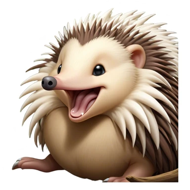 Cinematic Cute Yawning Echidna Portrait Emoji, Head tilted slightly with a dramatic, wide-open yawn, showcasing a soft, downy spiky fur with a slightly drooping snout and small, drowsy eyes, Simplified yet irresistibly adorable features, highly detailed, glowing with a soft, cozy glow, high shine, relaxed yet expressive, stylized with a touch of prickly whimsy, bright and endearing, soft glowing outline, capturing the essence of a sleepy yet affectionate echidna, so drowsy it feels like it could curl up out of the screen for a nap! sticker