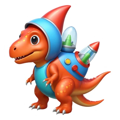 cute toy-like rocket-propelled dinosaur, rounded shapes, glossy texture, colorful rocket backpack, happy expression, 3D cartoon, mobile game icon style, clean background, no text, no watermark
 sticker