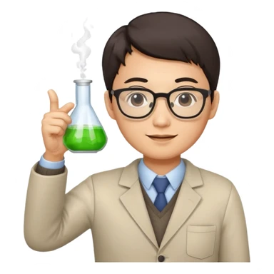 asian chemistry teacher wearing glasses holdin a flask pointing right sticker