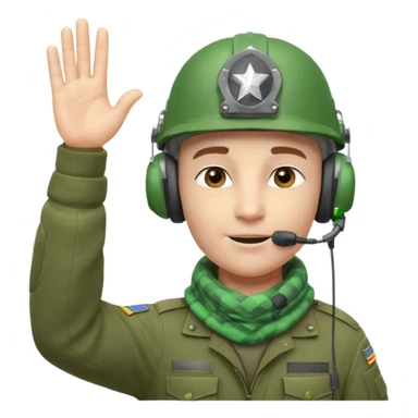 Soldier emoji head in green military helmet, large ear protectors, headset microphone, light green checkered scarf around neck, gray face, confident greeting pose with right hand raised in salute, vibrant colors, high detail on helmet textures and fabric, bust view, ultra-detailed PNG alpha channel sticker