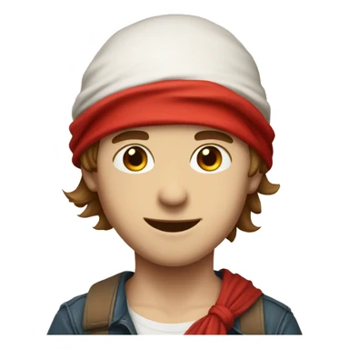 white skin, boy with a red bandana tied to his head, brown hair, smiling sticker