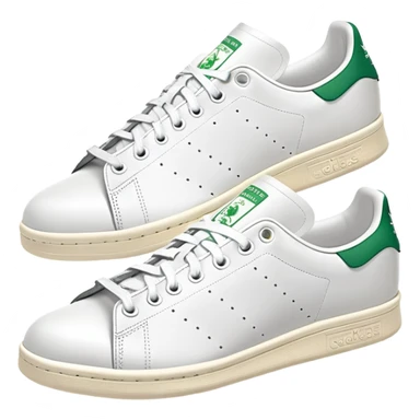 A pair of white Adidas Stan Smith sneakers arranged with one shoe behind the other, white leather with green heel tabs, classic design, both shoes visible sticker