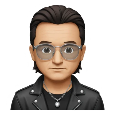 Bono with black glasses, shirt with silver necklace, black leather jacket  sticker