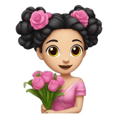 45 degree - white skin girl - black hair bun - wearing crazy pink cloth -holding bouquet sticker