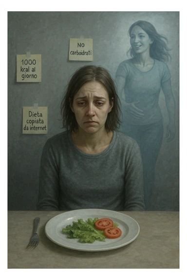 Donna tra i 30 e i 40 anni seduta a tavola, davanti a un piatto quasi vuoto con solo insalata e due fette di pomodoro. Il suo volto è visibilmente triste, stanco, con occhi spenti. Intorno a lei, foglietti attaccati con scritte come '1000 kcal al giorno', 'No carboidrati', 'Dieta copiata da internet'. L’atmosfera è fredda, grigia, priva di energia. Il suo corpo appare spento e scarico. Sullo sfondo, la sagoma di sé stessa più felice e piena di vitalità, come ricordo di un approccio migliore mai seguito. Stile realistico e simbolico sticker