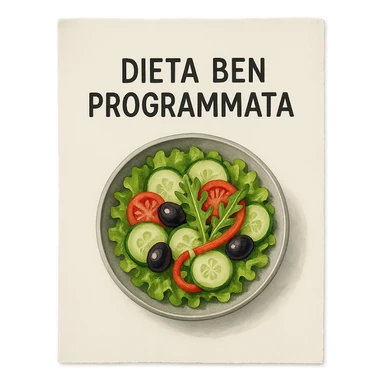 hyperrealistic 4K top view of a sheet of paper with an illustrated bowl of salad and the text 'DIETA BEN PROGRAMMATA', no background sticker