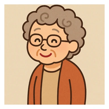 elder woman with glasses, irasutoya style, flat toon, curly hair, warm smile sticker