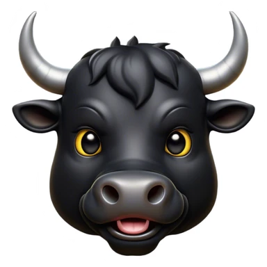 Cinematic Comical Black Bull Portrait Emoji, Head tilted dramatically with an exaggeratedly amused expression, featuring a striking, glossy black hide with a bold natural sheen, wide, expressive dark eyes filled with playful disbelief, Simplified yet hilariously expressive features, highly detailed, glowing with a slightly sassy glow, high shine, dramatic yet playful, stylized with an air of cheeky mischief, bright and endearing, soft glowing outline, capturing the essence of a spirited and over-the-top bull, so meme-worthy it feels like it could charge its way into internet fame instantly! sticker