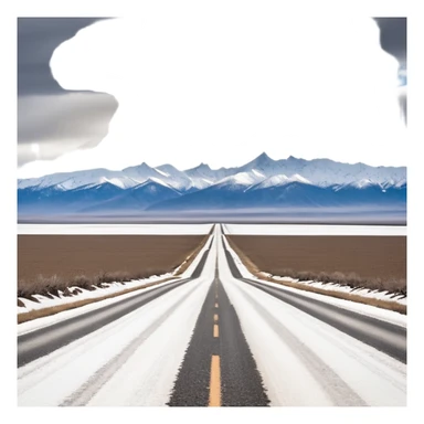 A long STRAIGHT dirt road that disappears into the horizon half way up the screen from the perspective of someone sitting in the middle of the road looking down it. Flat snow fields on both sides of the road with huge looming mountains above the roads horizon line.  sticker