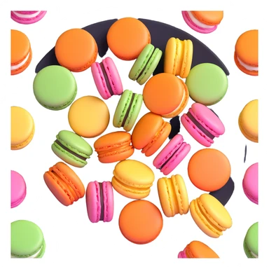 Create a 3D model of colorful macarons with smooth, realistic textures and vibrant pastel colors, arranged on a plate. The style should resemble a modern Apple 3D emoji, consistent with iOS 18 design aesthetics. sticker
