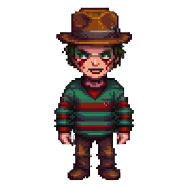 Freddy Krueger in pixel art style, menacing pose, classic striped sweater sticker