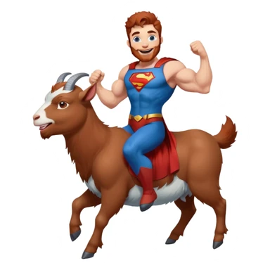 Full body Adult Superman Blue Eyes Scruffy Redish hair and redish trimmed Beard Muscle happy riding a laughing blue small goat  sticker