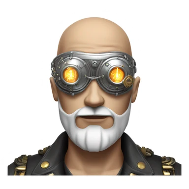 Bald cyborg head with silver steampunk goggles, white beard and circuits sticker