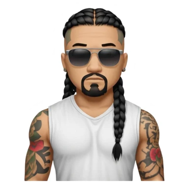 Samoan male. Chin goatee with no hair upper lip
Untucked loose fitting white t-shirt. 
long black braided hair.
very muscular.
Even More tattoos. 
Tough and menacing.
Dark black square sunglasses. sticker