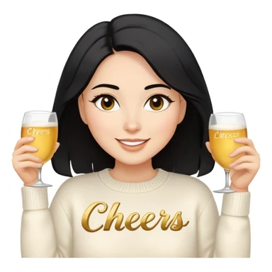 A woman with shoulder-length black hair, light to medium skin tone, full cheeks, and almond-shaped eyes, wearing a white sweater with the word 'cheers' in gold script, lying comfortably on a bed with soft lighting, joyful and radiant expression. sticker
