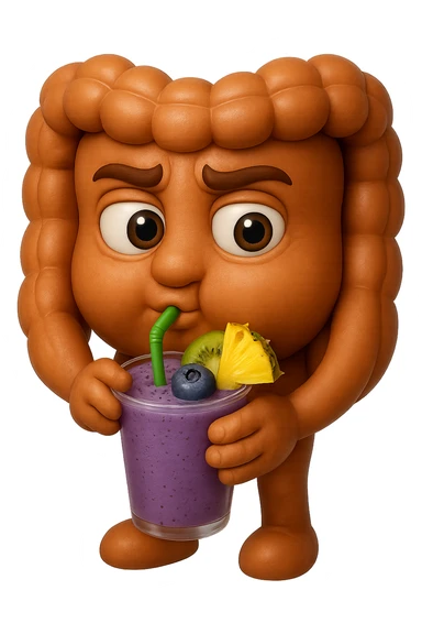 EMOJI STILE IPHONE DI un intestino umano anatomico che beve un frullato di mirtilli, ananas, kiwi, fagli anche la parte bianca degli occhi, non solo le pupille, REALISTICo 4K sticker