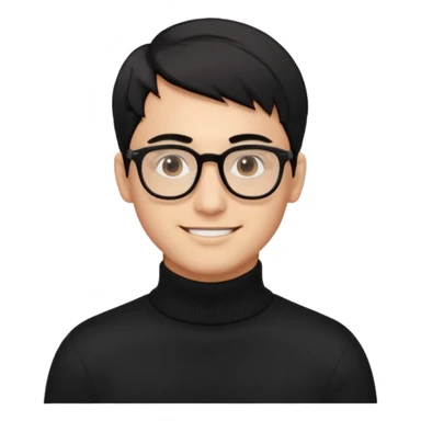 Создай эмодзи, мужчина, 26 лет, стрижка side-part, чёрные волосы, карие глаза, чёрный свитер-гольф, смуглый цвет кожи, очки, улыбается sticker