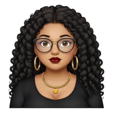teen big plus size, latina, darker tan skin, gold hoops, long black curly hair, baddie,pretty, makeup, dark red lipgloss, black eyeliner, long hair, black shirt, black glasses sticker