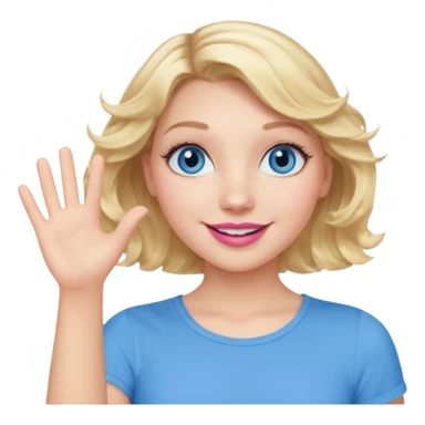 Girl Blonde short wavy hair,  blue eyes, cute blue top, long lashes, pink lips, smiling, waving hello  sticker
