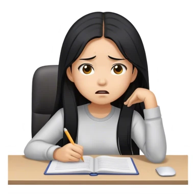 asian long hair girl frustrated studying at desk with computer  sticker