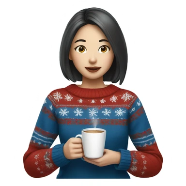 Asian girl drinking coffee wearing blue Christmas sweater sticker