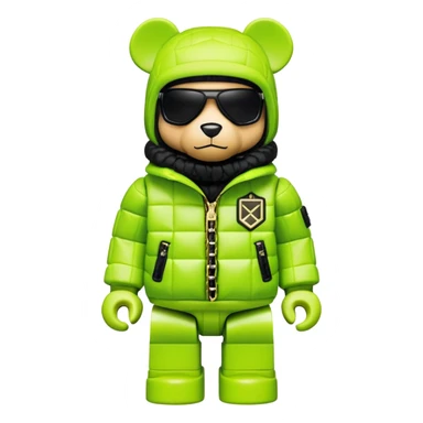 ultra-detailed bearbrick figure with perfect cube head and geometric body, wearing premium lime green balaclava with sleek integrated black visor lens at eyes, luxury oversized designer puffer jacket with prominent logo and lavish fur trim collar, heavy gold chains, streetwear icon sticker