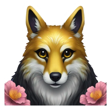 Black iridescent fluffy dog fox head zombie skull skeleton gold mechanical nebula galaxy stars colorful flowers fairy lights vintage sticker