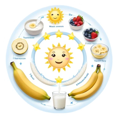 Magical fitness system: water bottle, sun, rice bowl, banana, dumbbell, yogurt, fruit, and moon arranged in a circular flow chart with ethereal glowing connections and sparkles, each item separate but part of one system sticker