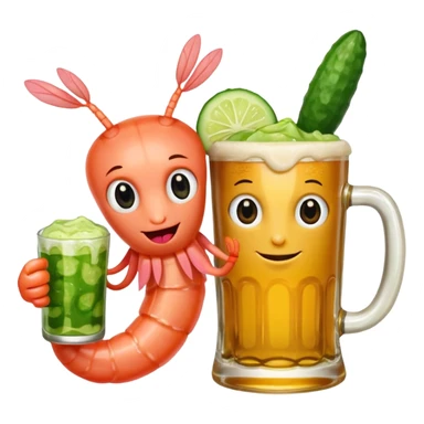 Create a modern emoji-style illustration of two shrimp characters, friendly and cool, slightly cartoon but stylish, not childish.
They are toasting (‘salud’), one shrimp holding a beer mug with aguachile topping, the other holding a fresh aguachile bowl with cucumber and chili.
  sticker
