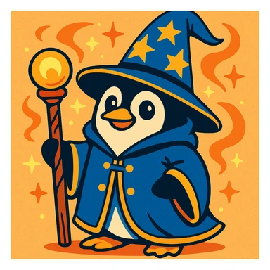 whimsical penguin dressed as a wizard, pointed hat, magic staff, playful and magical atmosphere sticker