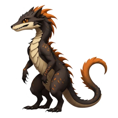 Brown and beige badass elegant wild beautiful natural cute badass epic exotic anthro modern furry 2-legged sergal-vernid-Salandit-creature, full body, dark-brown-black-gradient pretty hair, with a long tufted tail, beautiful hazel-orange eyes, aesthetic, art by LiLaiRa, art by art by Falvie sticker
