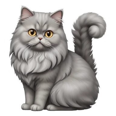 cinematic-[grey persian cat]-realistic-full-body-sitting-emoji,-tail-curled-playfully-around-its-paws,-head-tilted-dramatically,-fluffy-[grey]-fur,-simplified-yet-realistic-focused-features,-highly-detailed,-glowing-with-an-almost-sarcastic-glow sticker