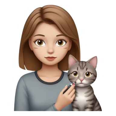A image of a girl with light brown hair doing her makeup with her grey tabby cat sticker