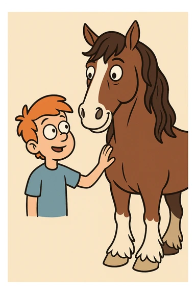 A boy orange hair blue shirt Clydesdale horse sticker