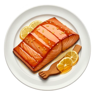 create a Honey Glazed Salmon

Camera angle: slightly elevated top-down view with a gentle bird’s-eye perspective (about 15–20°), identical perspective and scaled do not add anything  on plate  sticker