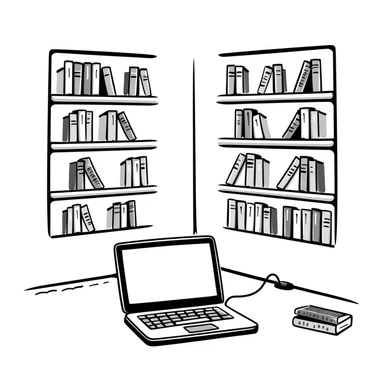 A cozy library with curved bookshelves and an open old-school laptop

 sticker