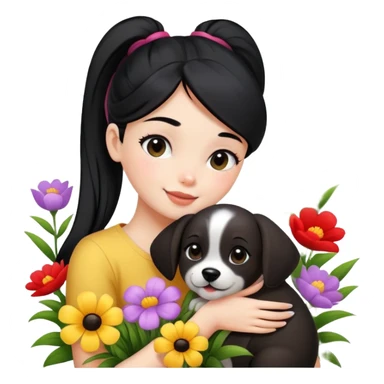 A beautiful girl with black ponytail happily hugs a dog in the flowers sticker