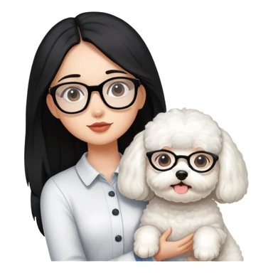 Girl with long black hair and glasses holding a white Bichon Frise dog sticker
