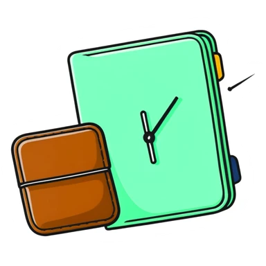 leather wallet next to an alarm clock sticker