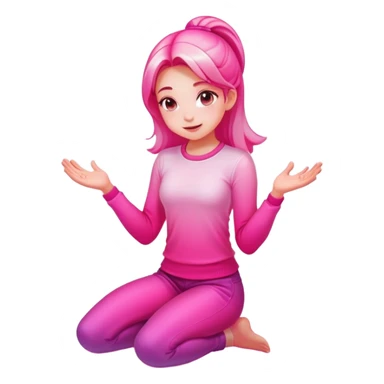 Girl kneeling in playful pose, transparent glass style, bright pink gradient, with shadows and highlights, minimalist design sticker