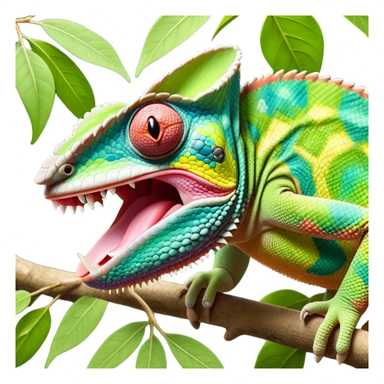 cinematic giant-tongue out chameleon-realistic emoji, mouth wide open with tongue out catching prey, -blending-with-vibrant-greenery.-detailed-scales-in-shifting-colors,-showing-the-chameleon’s-ability-to-camouflage.-soft-natural-light-highlights-its-texture.-light-background, zoomed into its face sticker