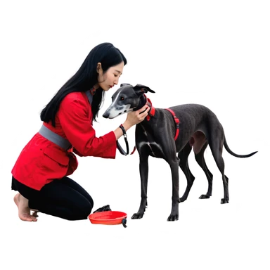 A very beautiful and attractive 25-year-old Japanese woman with long flowing black hair gently petting a SOLID DARK GREY whippet wearing a bright RED COLLAR on a beach at night under a starry sky. The woman's hand is lovingly stroking the whippet. The whippet MUST be COMPLETELY SOLID DARK GREY with ABSOLUTELY NO WHITE MARKINGS ANYWHERE - no white chest, no white face, no white paws, no white tip on tail - ENTIRELY ONE SOLID DARK GREY COLOR throughout the entire dog, but with a distinct red collar. Deep blue night sky filled with bright stars, moonlight reflecting on the ocean, sandy beach in the foreground. sticker