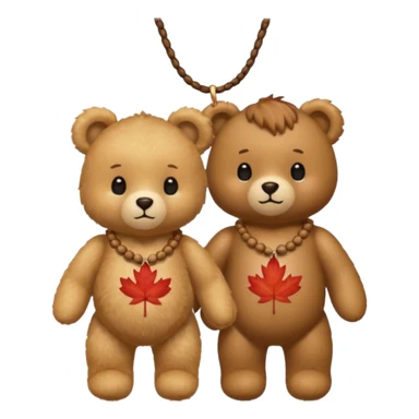 2 fluffy Teddy bears in love. One has an acorn necklace and the other has a maple leaf necklace  sticker