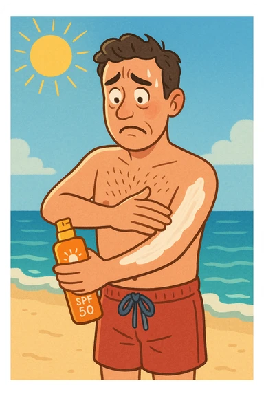 uomo a mare che si mette la crema solare perchè ha paura del sole sticker